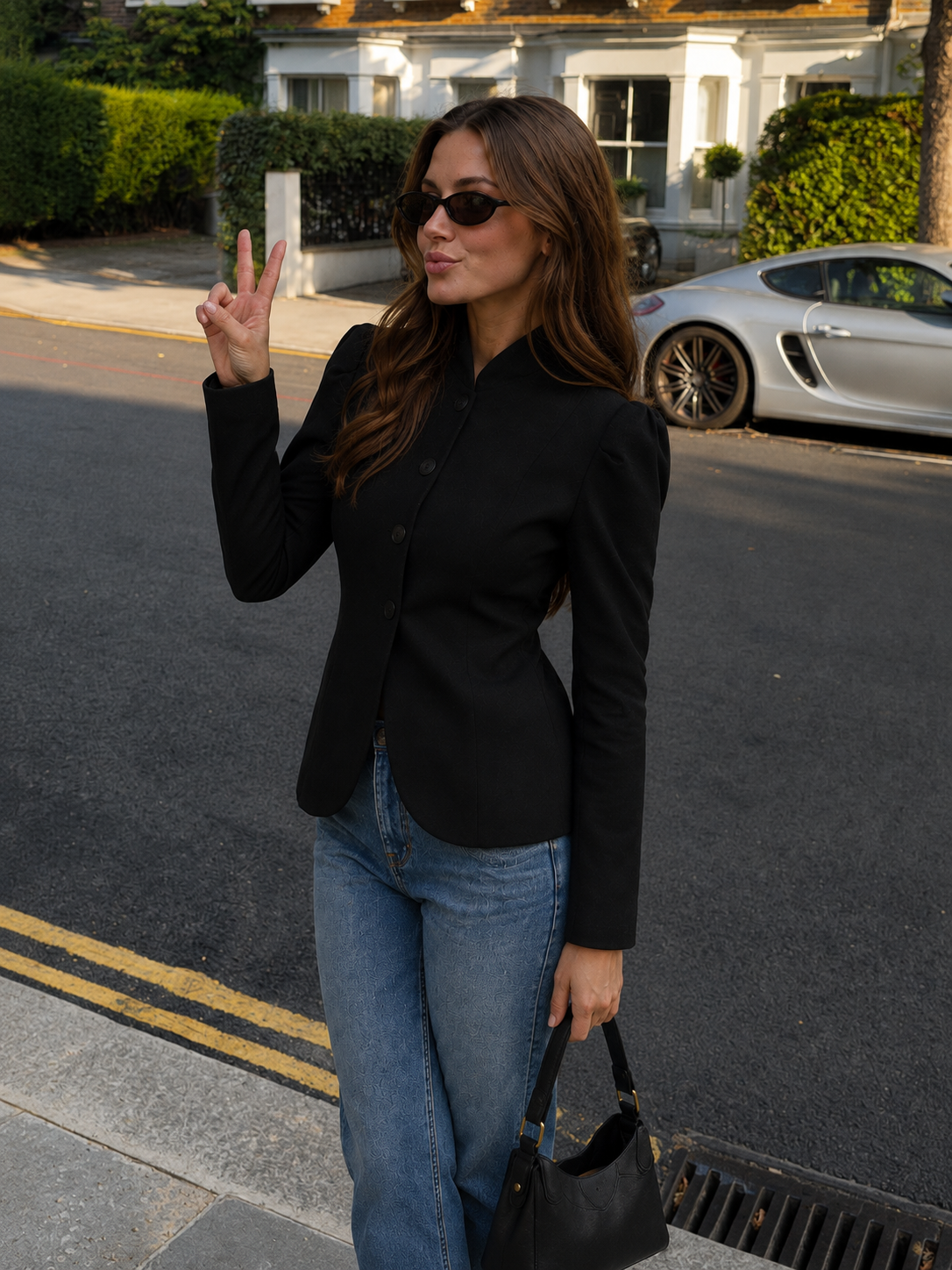 Women’s Structured Blazer with Stand Collar & Puff Sleeves for Office & Formal Wear