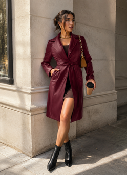 Women’s Slim Leather Trench Coat with Tailored Fit for Casual & Evening Wear
