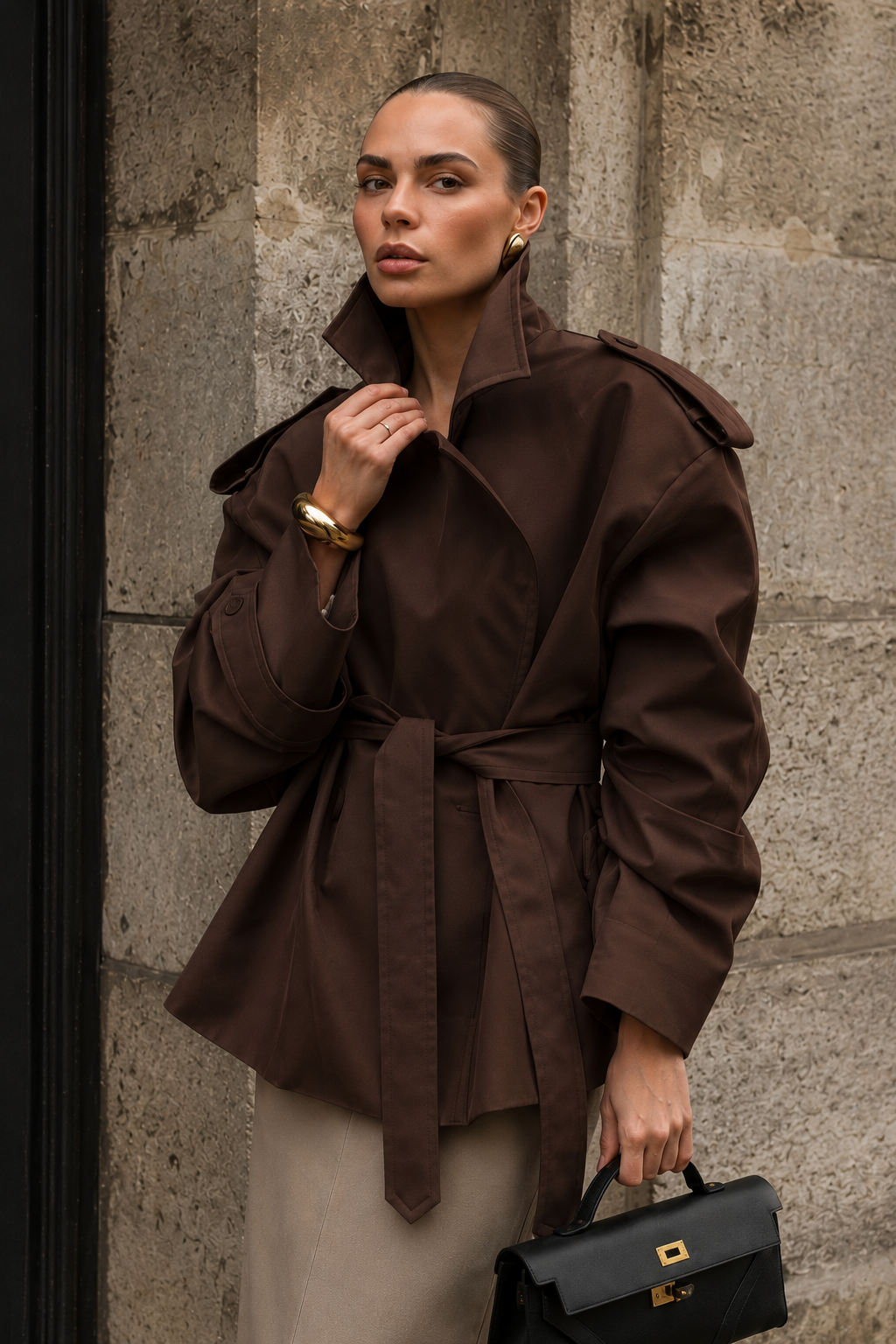 Women’s Long Lapel Coat with Lace-Up Detail for Office & Smart Casual Wear