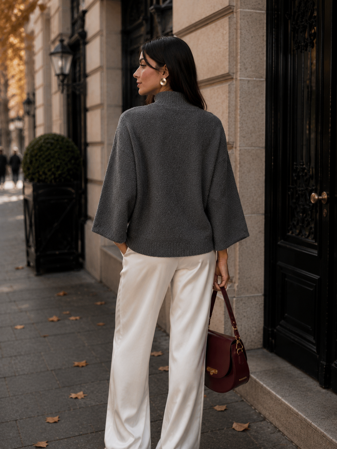 Women’s Dark Grey Semi-High Neck Knit Jumper with Bell Sleeves