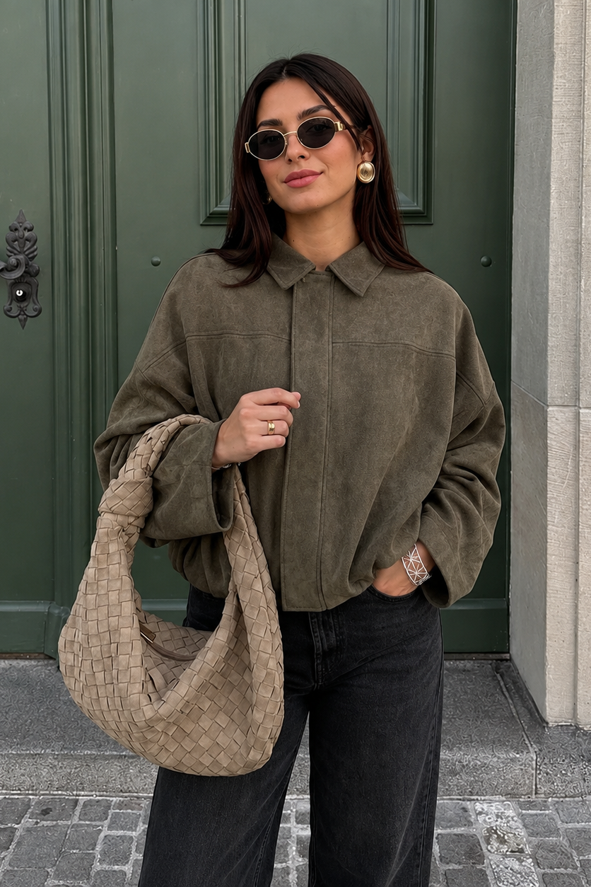 Women’s Vintage Bomber Jacket with Turn-Down Collar & Relaxed Fit