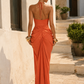 Women's Halter Plunge Draped Maxi Dress with Split – Orange