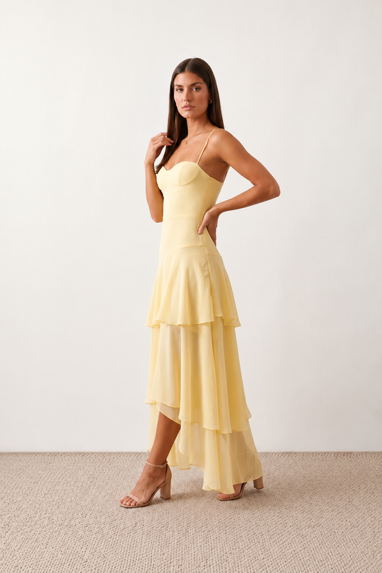 Elsie spaghetti strap sweetheart maxi dress with a structured corset bodice, delicate spaghetti straps, sheer panel detailing, an asymmetric three-tier chiffon skirt with ruffle hem, front slit, and a flowing high-low silhouette, perfect for weddings and special occasions.
