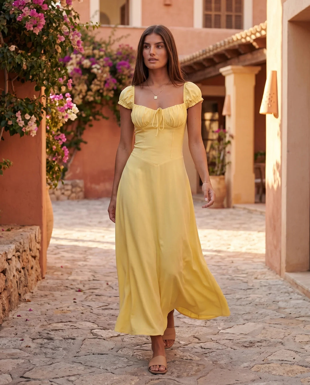 Halle sweetheart low back maxi dress with a structured corset bodice, tie-front bust detail, sweetheart neckline, low open back, and flowing A-line maxi skirt with a floor-length hem.