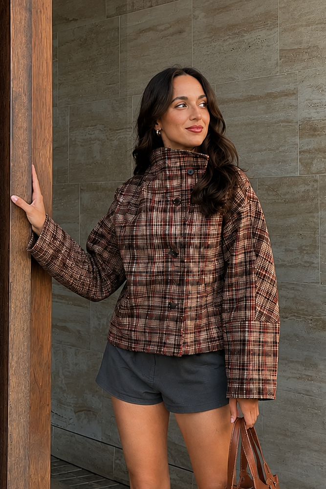 Women’s Oversized Plaid Cropped Jacket with Stand Collar & Pockets for Casual Wear
