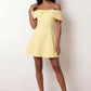 Leni strapless off-shoulder mini dress featuring a Bardot foldover neckline, centered bow detail, twist-front bodice with princess seam shaping, and a flared A-line mini skirt for cocktail parties, weddings, and special occasions.