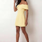 Leni strapless off-shoulder mini dress featuring a Bardot foldover neckline, centered bow detail, twist-front bodice with princess seam shaping, and a flared A-line mini skirt for cocktail parties, weddings, and special occasions.
