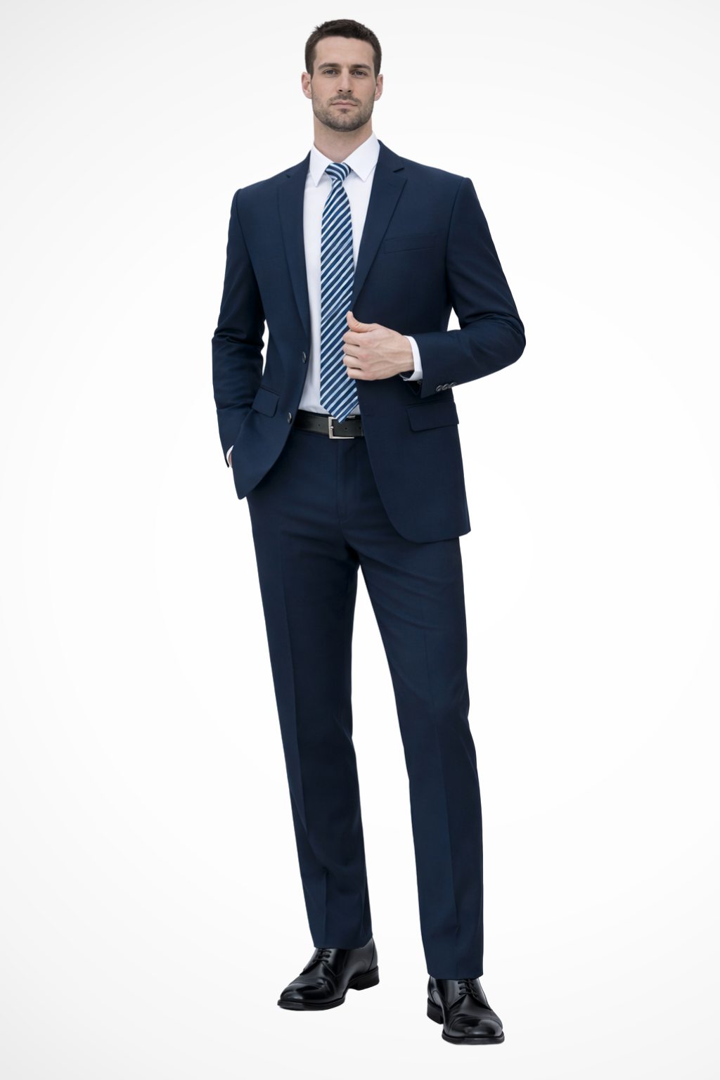 Man wearing a navy suit with a white shirt and striped tie on a white background