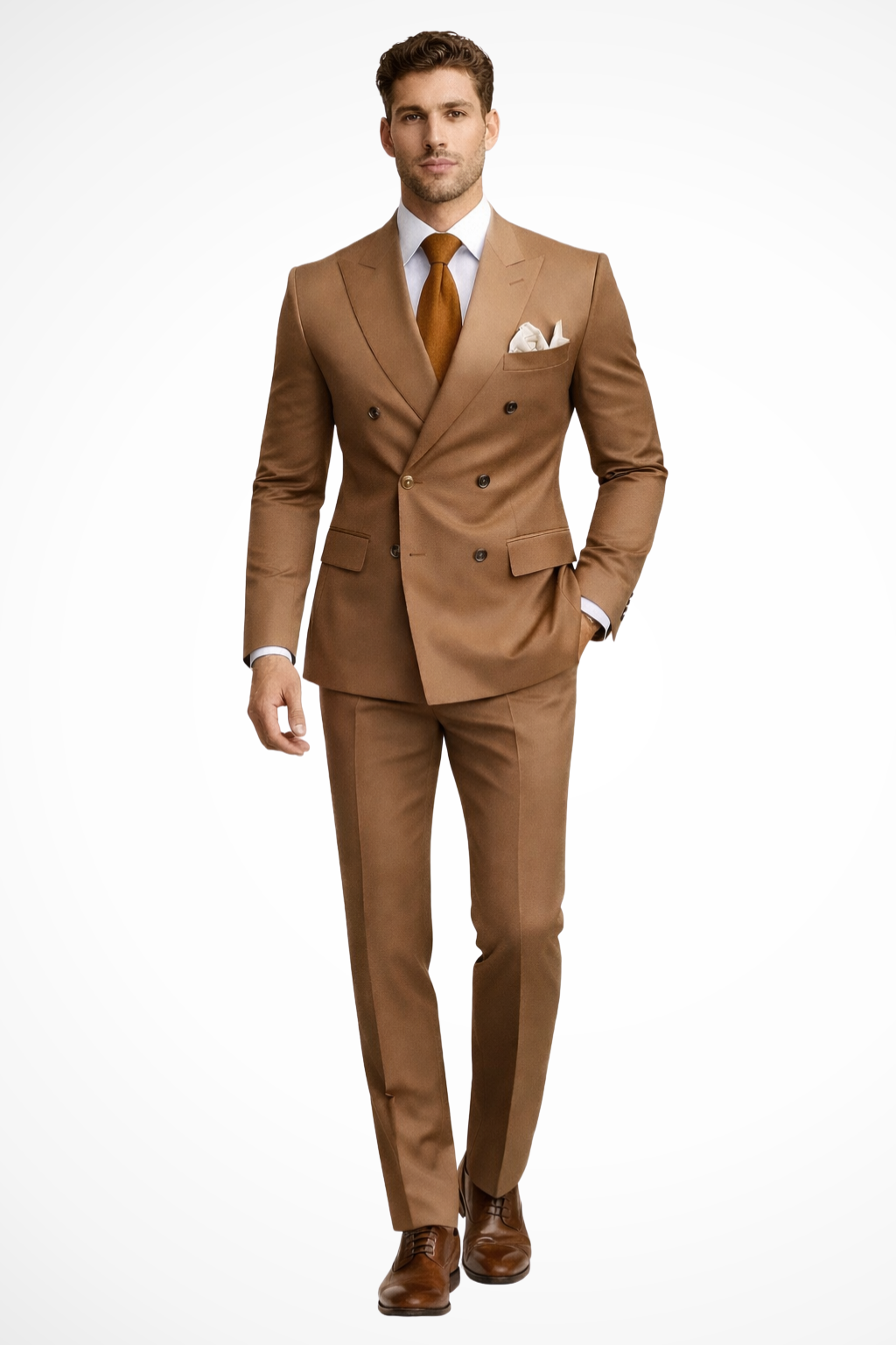 Man wearing a brown suit with a white shirt and brown tie on a white background