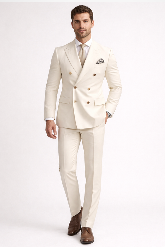 Man wearing a cream double-breasted suit with a white shirt on a white background