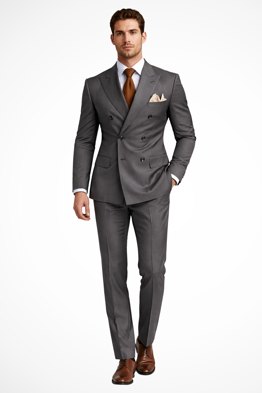 Man wearing a grey suit with a white shirt and brown tie on a white background