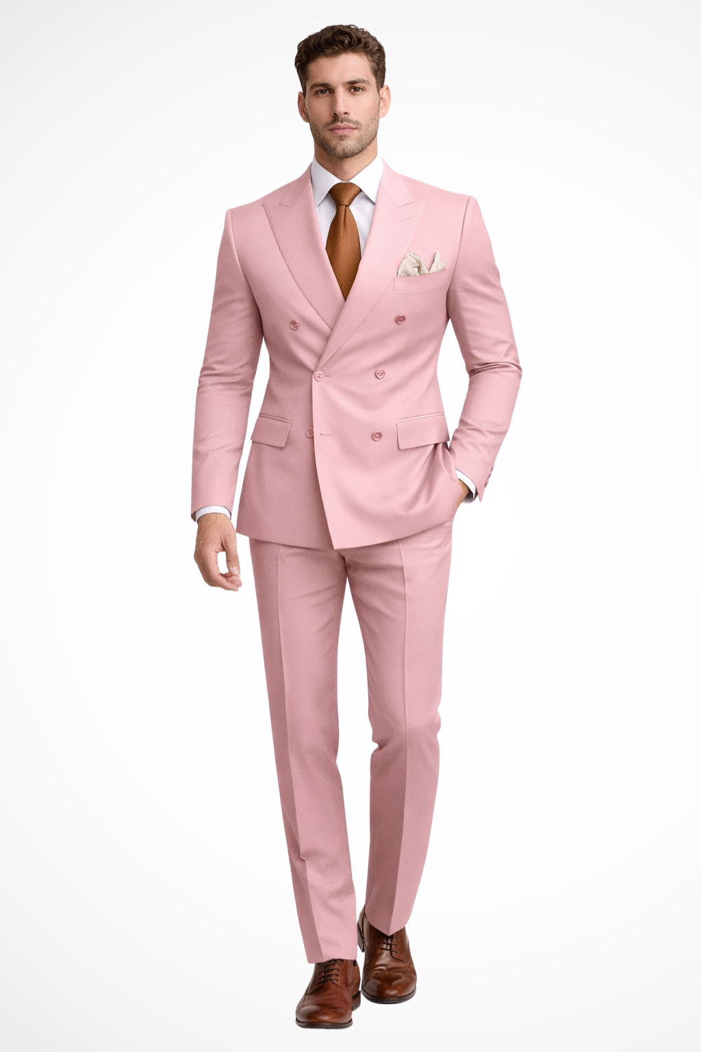 Man wearing a pink suit with a white shirt and brown shoes on a white background