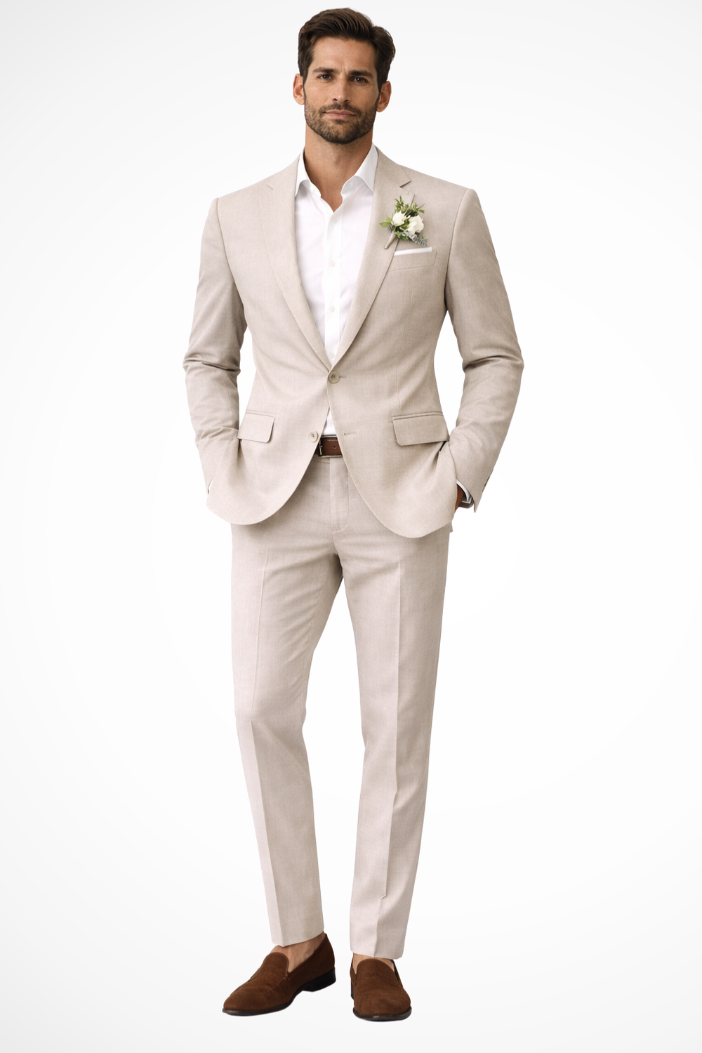 Man wearing a light beige suit with a white shirt and brown shoes on a white background