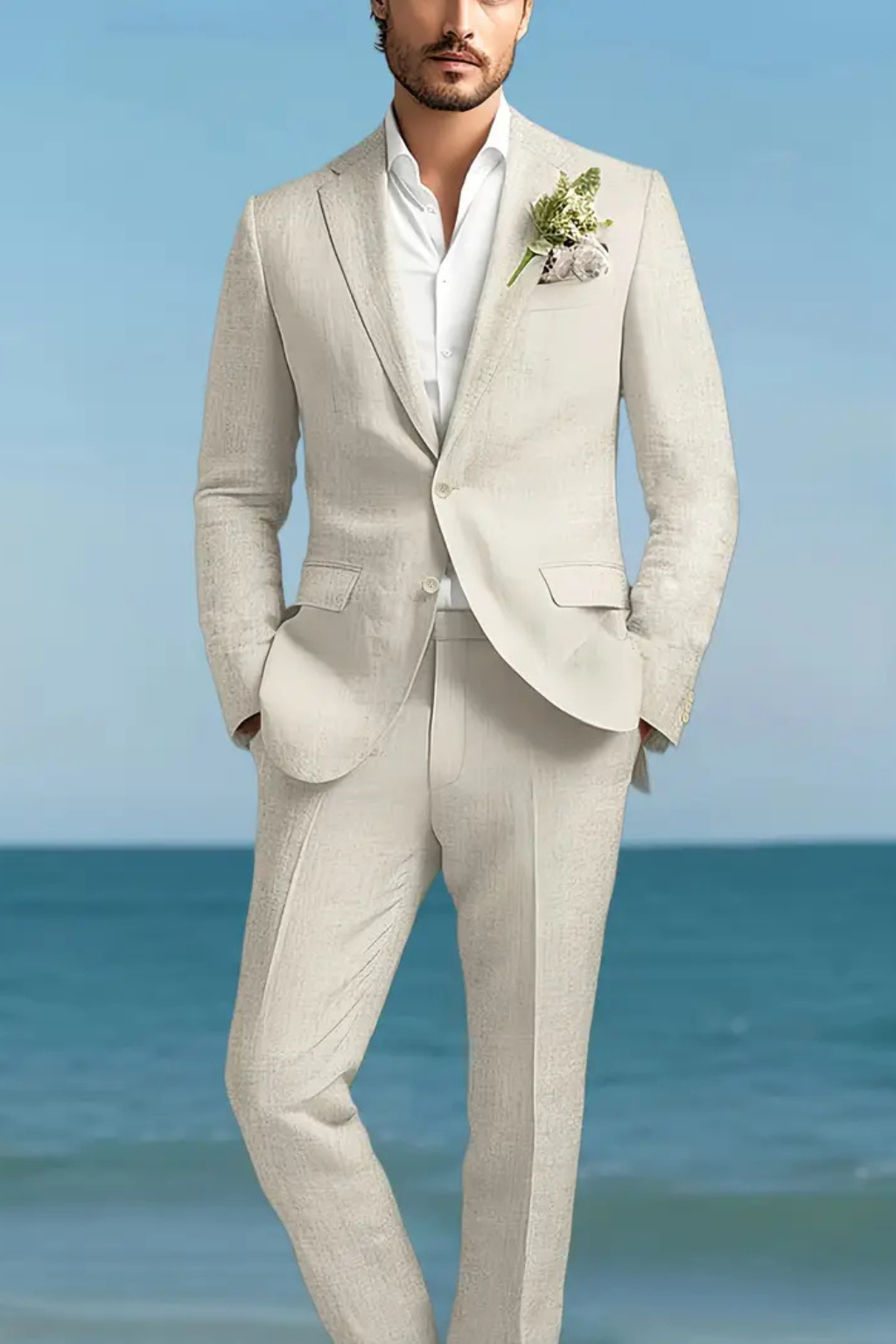 Man in a light gray suit standing on a beach with clear blue sky.
