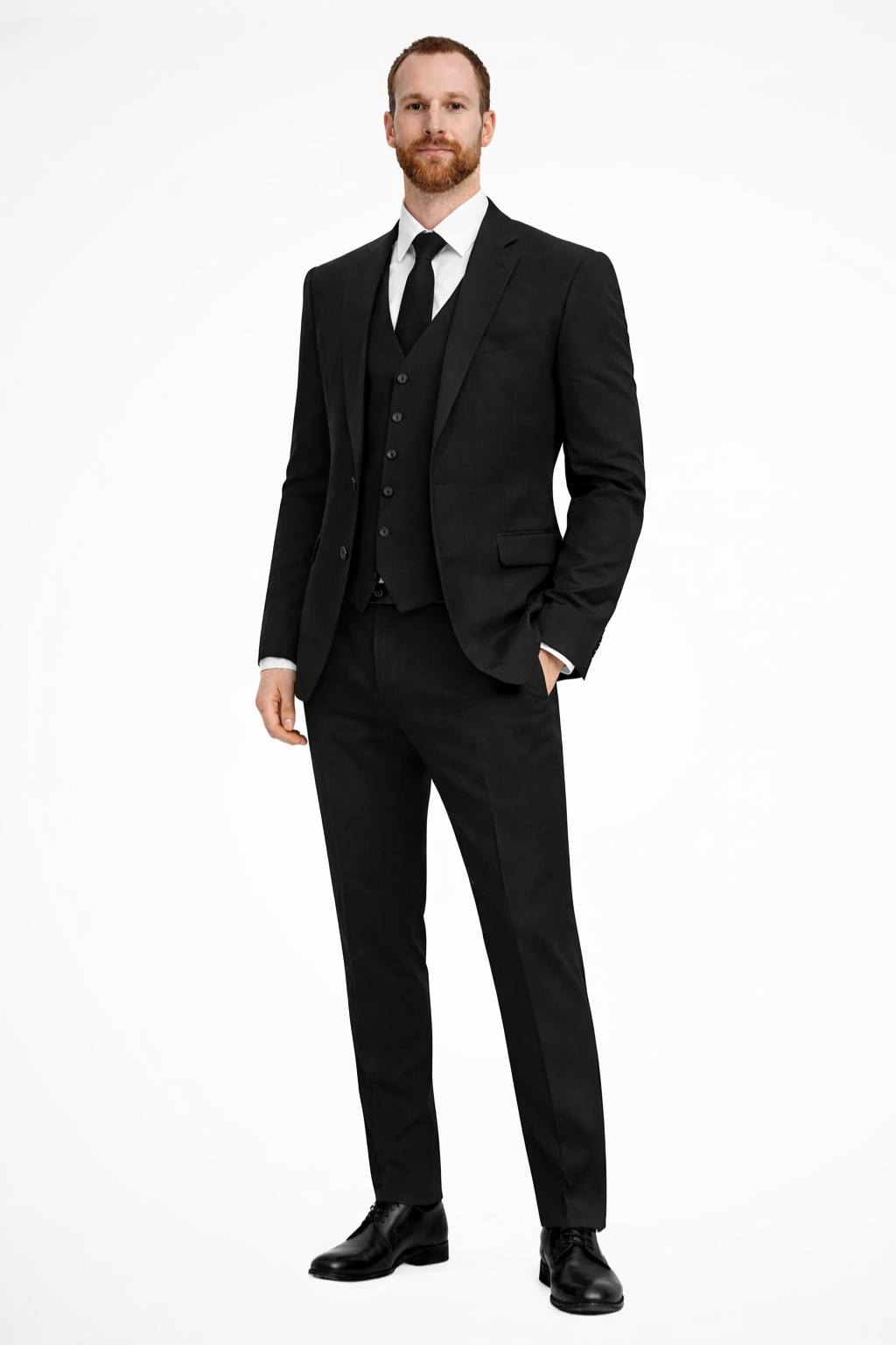 Man wearing a black suit with a white shirt and black tie on a white background