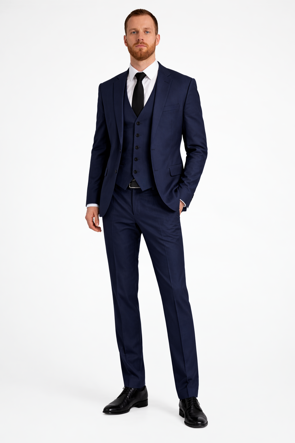 Man wearing a navy blue suit with a white shirt and black tie on a white background