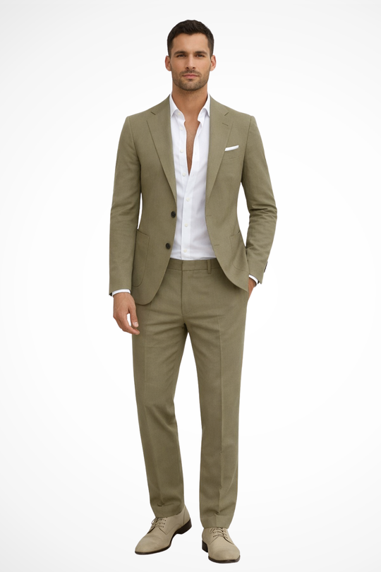 Man wearing a light brown suit with a white shirt on a white background