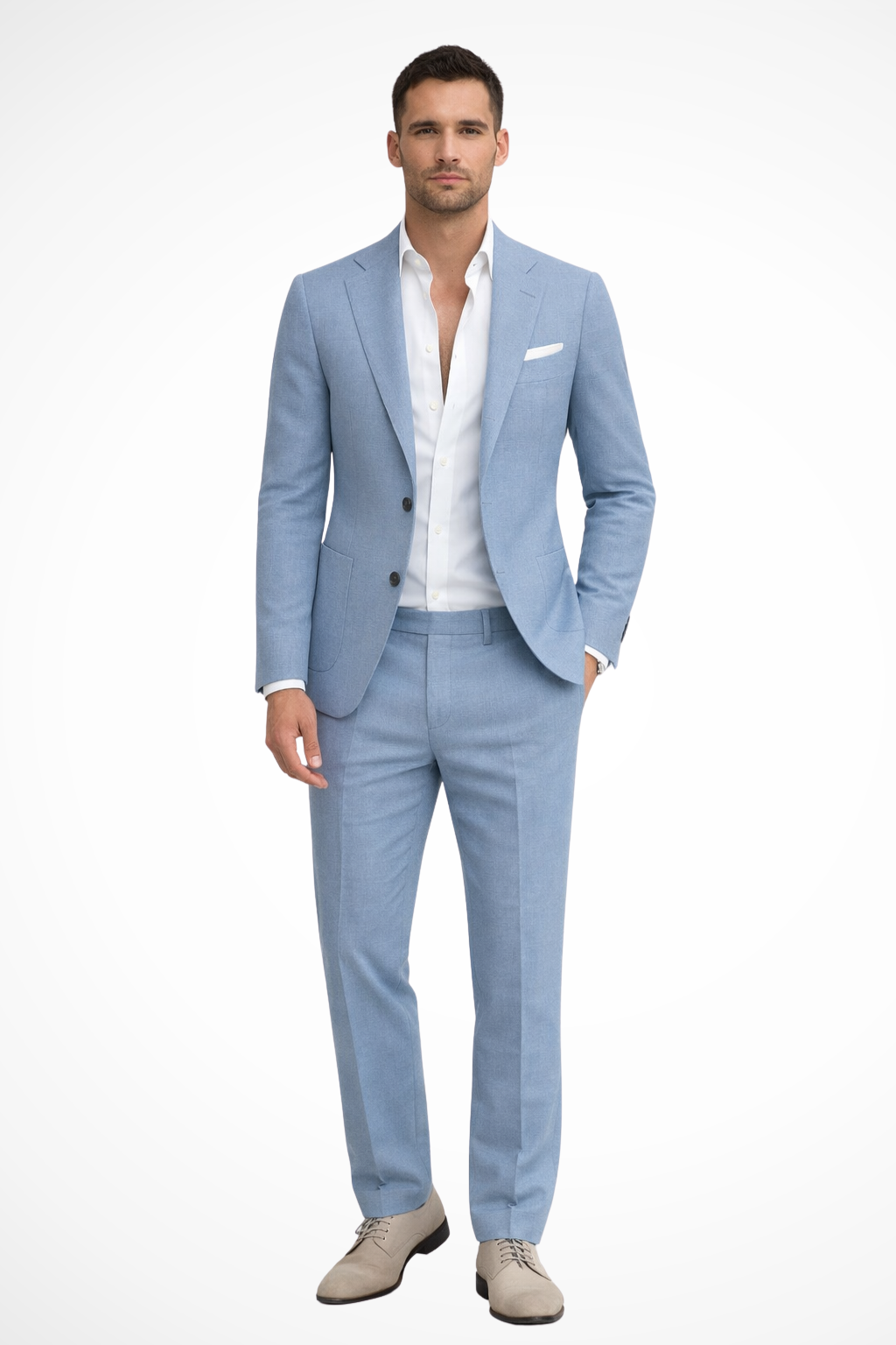 Man wearing a light blue suit with a white shirt on a white background