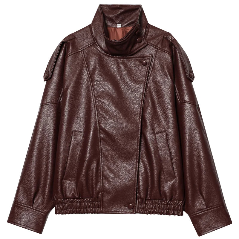 Women’s Black Leather Cropped Bomber Jacket with Oversized Fit