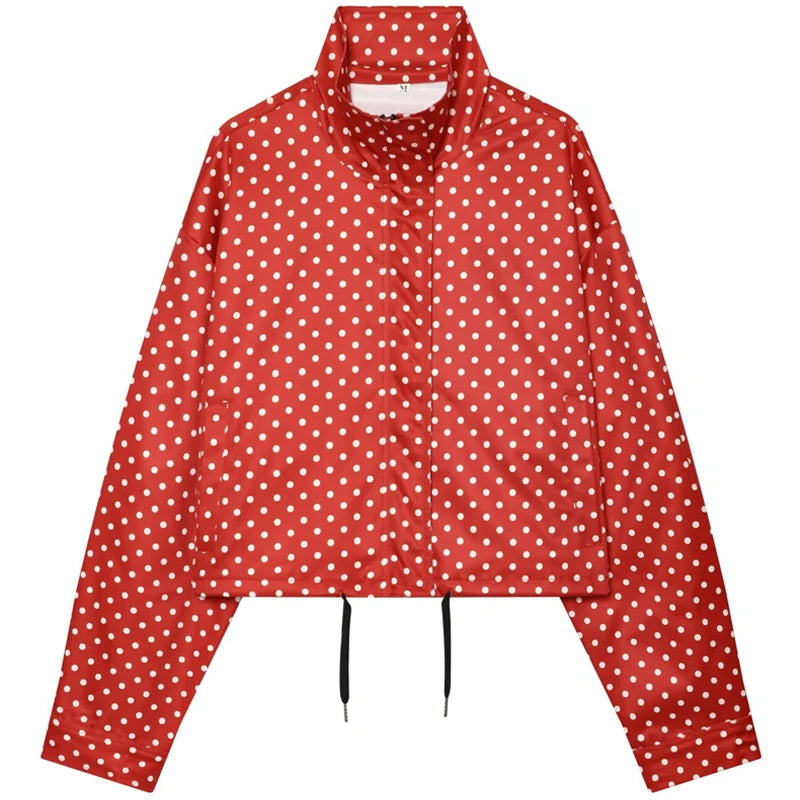 Women’s Oversized Polka Dot Cropped Bomber Jacket with Zip Front