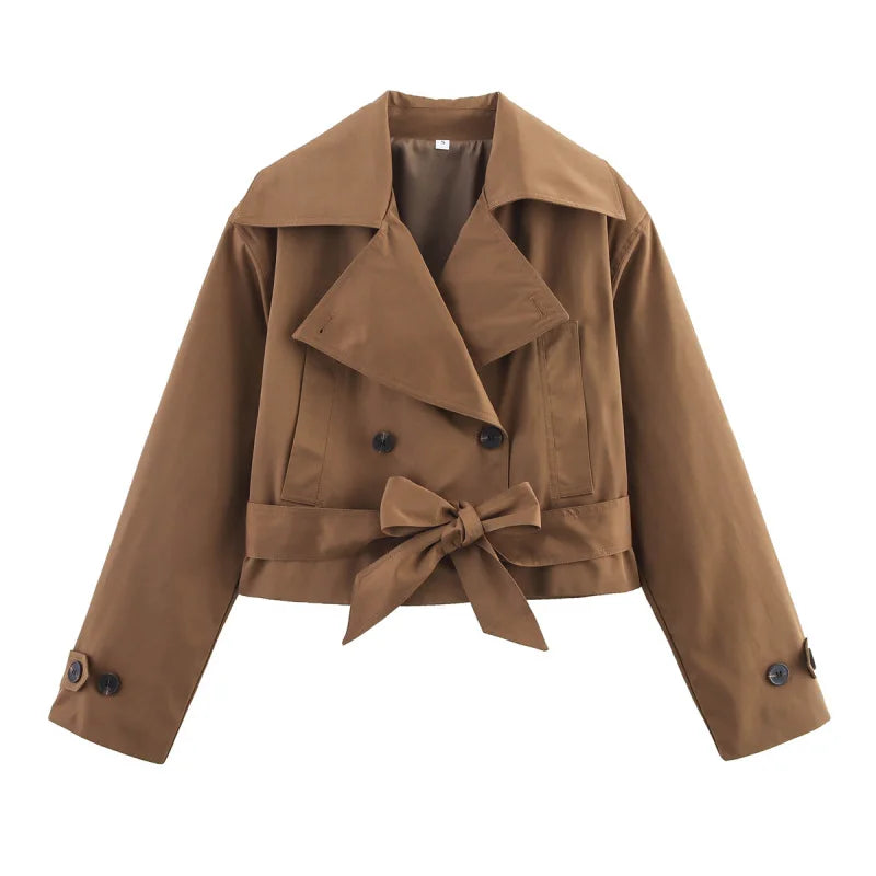 Women's Cropped Trench Jacket - Double Breasted Belted Coat