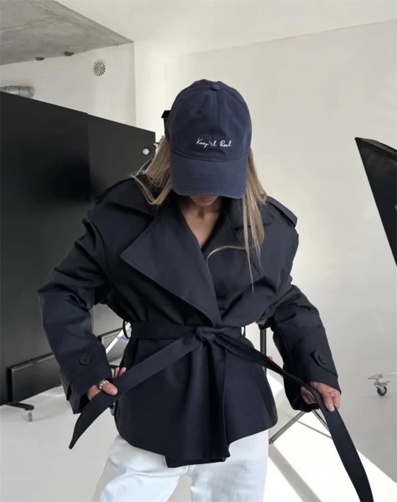 Women’s Belted Cropped Trench Coat with Long Sleeves for Casual & Smart Wear
