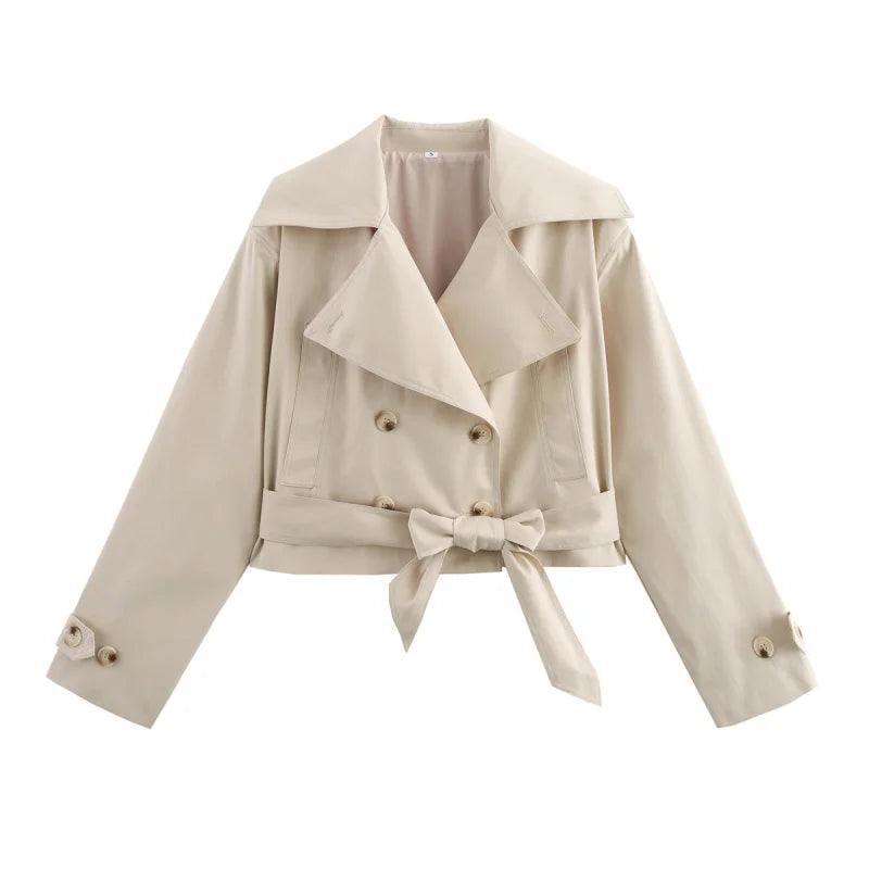 Women's Cropped Trench Jacket - Double Breasted Belted Coat