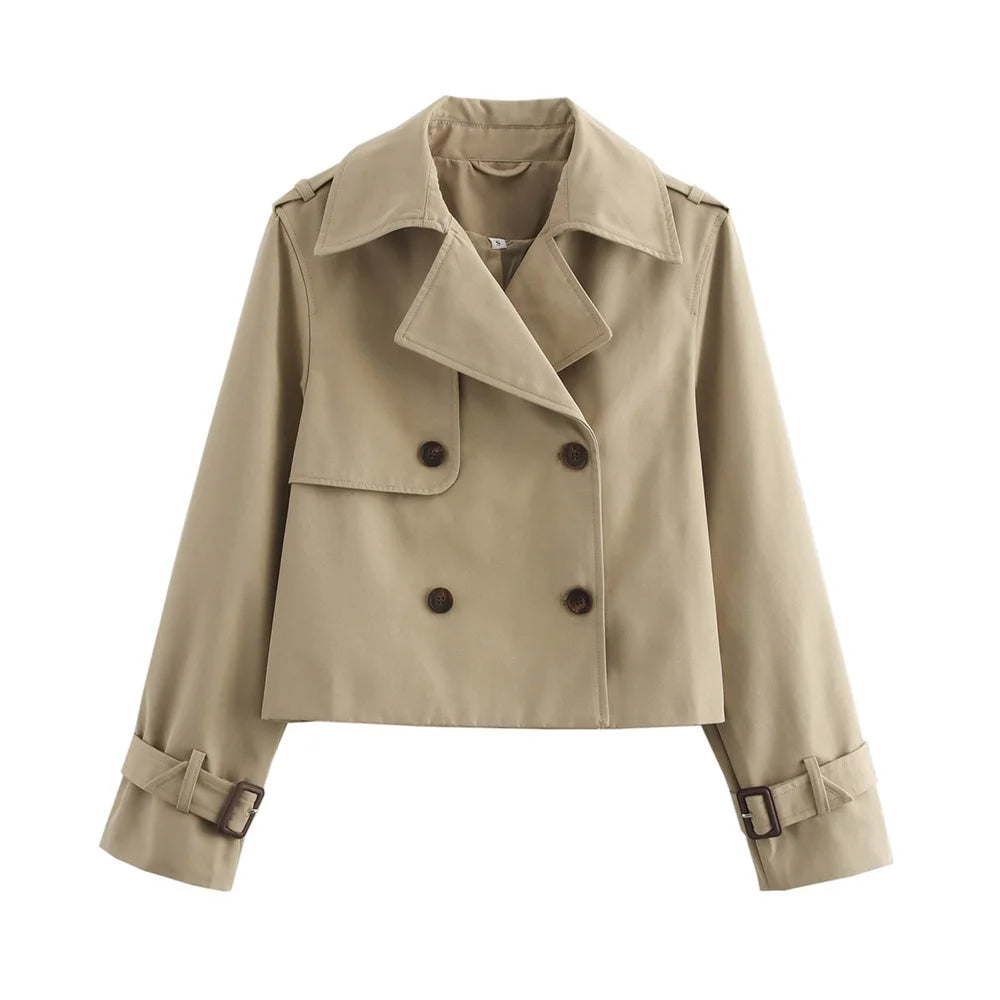 Women’s Vintage Cropped Trench Coat with Double-Breasted Front