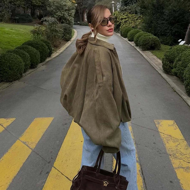 Women's Suede Oversized Bomber Jacket