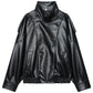 Women’s Black Leather Cropped Bomber Jacket with Oversized Fit