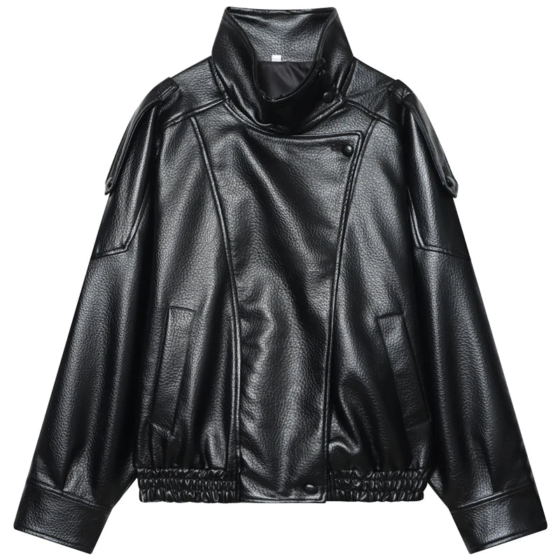 Women’s Black Leather Cropped Bomber Jacket with Oversized Fit