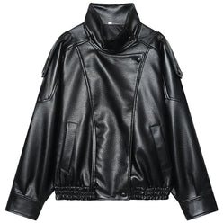 Women’s Faux Leather Cropped Bomber Jacket with Oversized Fit