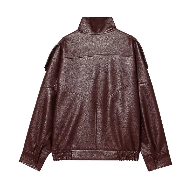 Women’s Oversized Leather Bomber Jacket for Casual & Winter Streetwear
