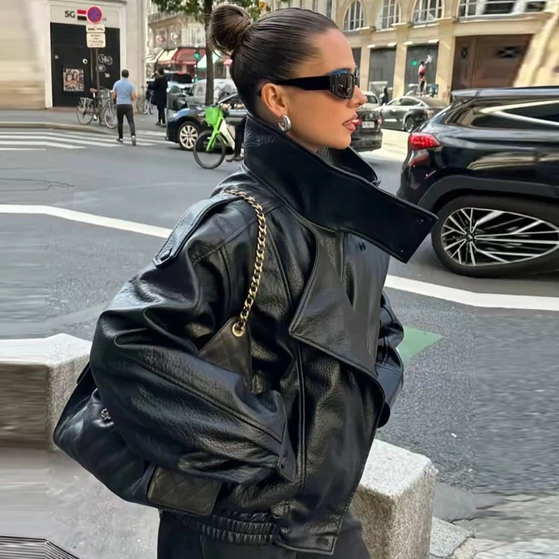 Women’s Black Leather Cropped Bomber Jacket with Oversized Fit