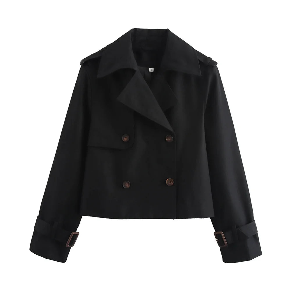 Women’s Vintage Cropped Trench Coat with Double-Breasted Front