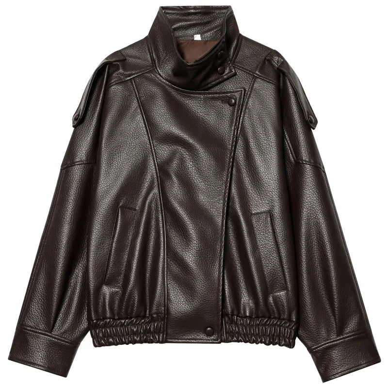 Women’s Black Leather Cropped Bomber Jacket with Oversized Fit