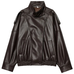 Women’s Faux Leather Cropped Bomber Jacket with Oversized Fit