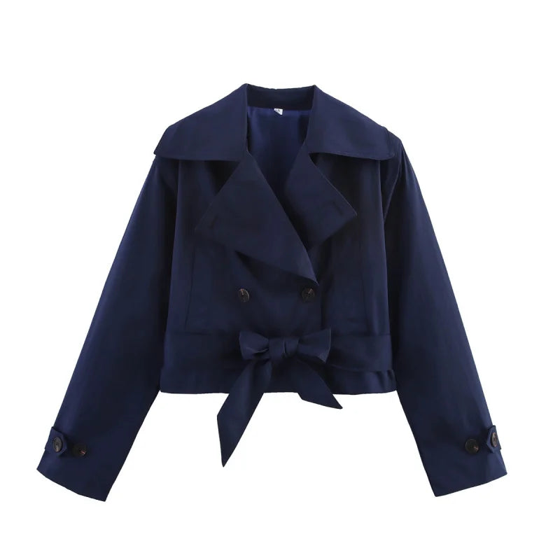 Women's Cropped Trench Jacket - Double Breasted Belted Coat