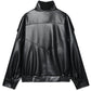 Women’s Black Leather Cropped Bomber Jacket with Oversized Fit
