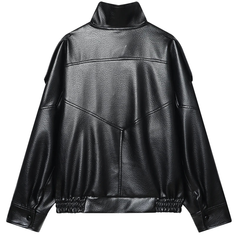 Women’s Black Leather Cropped Bomber Jacket with Oversized Fit