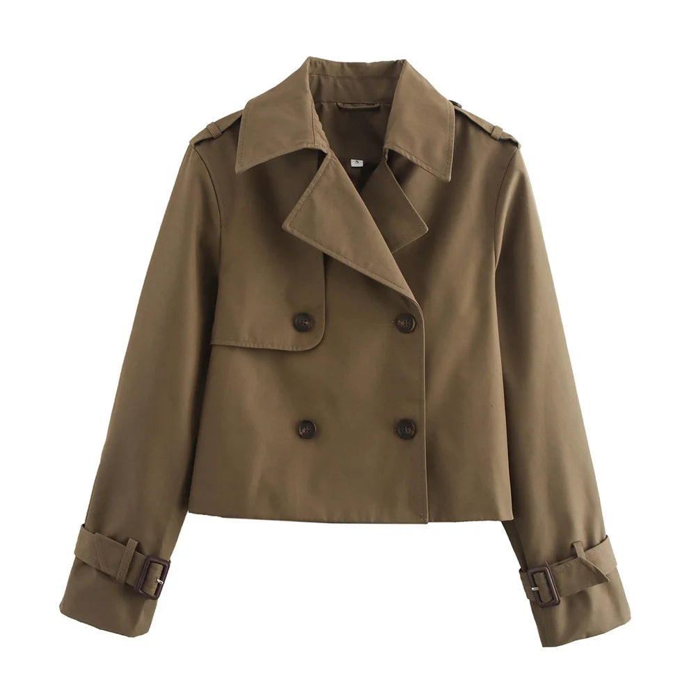 Women’s Vintage Cropped Trench Coat with Double-Breasted Front