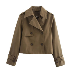 Women’s Vintage Cropped Trench Coat with Double-Breasted Front