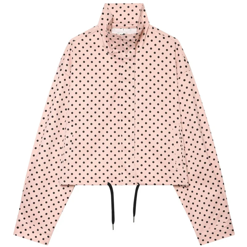 Women’s Oversized Polka Dot Cropped Bomber Jacket with Zip Front
