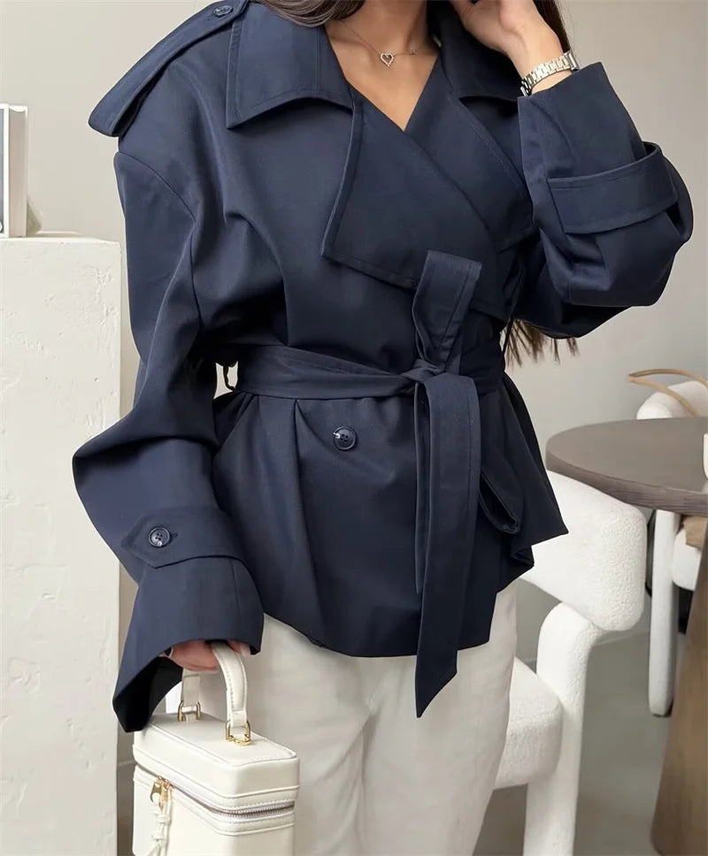 Women’s Belted Cropped Trench Coat with Long Sleeves for Casual & Smart Wear