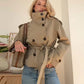 Women's Cropped Trench Jacket - Beige Belted Double Breasted Coat
