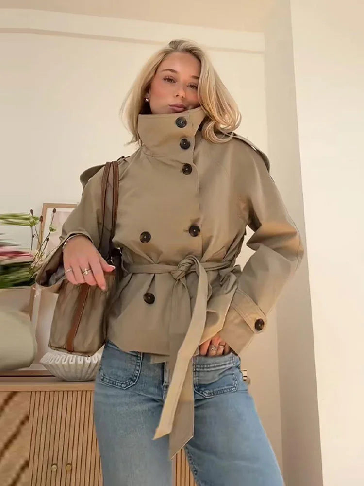 Women's Cropped Trench Jacket - Beige Belted Double Breasted Coat