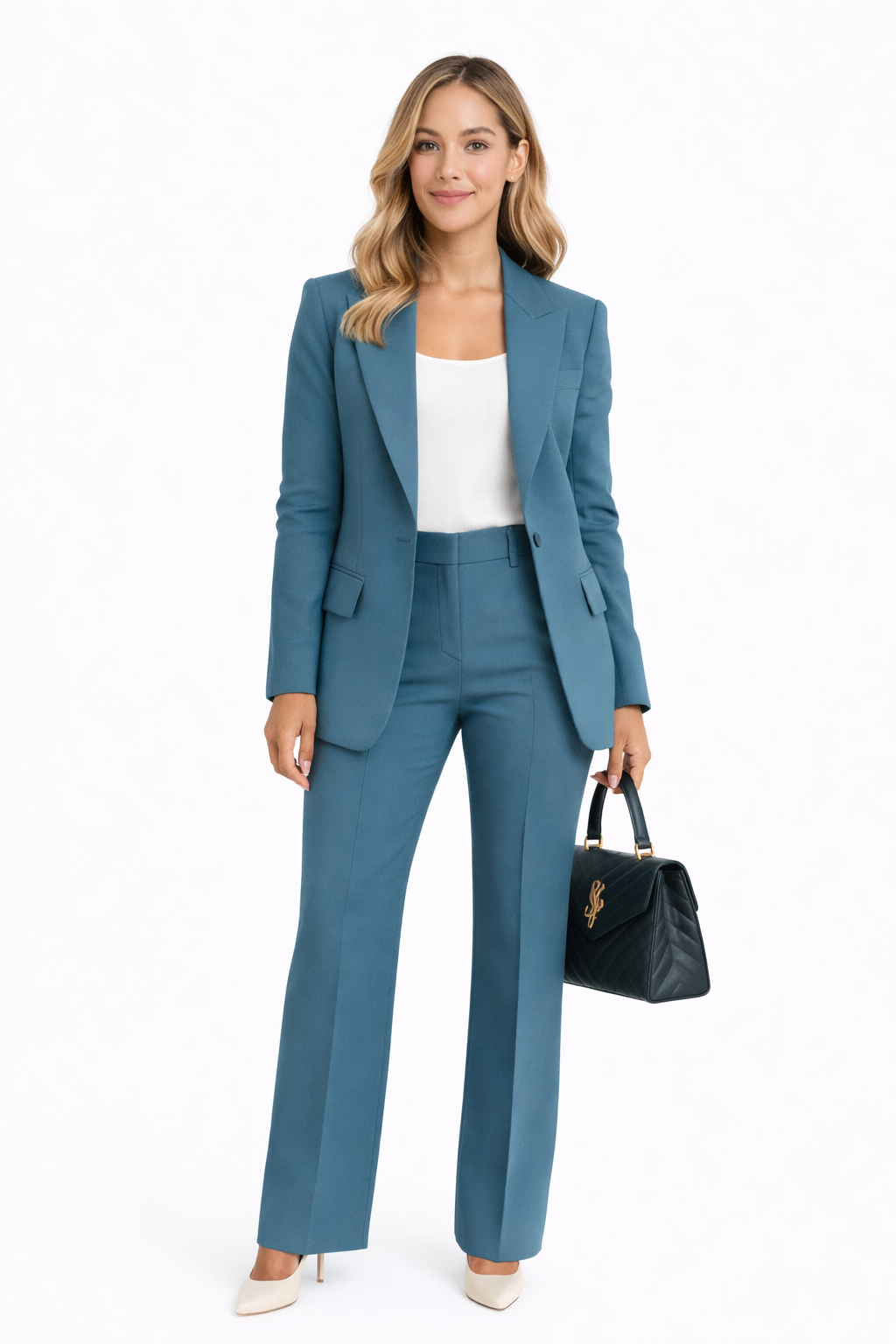 Woman wearing a blue suit with a white top and holding a black handbag on a white background