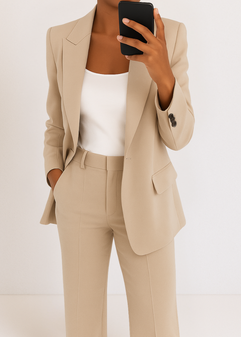 Person wearing a beige suit holding a smartphone on a white background