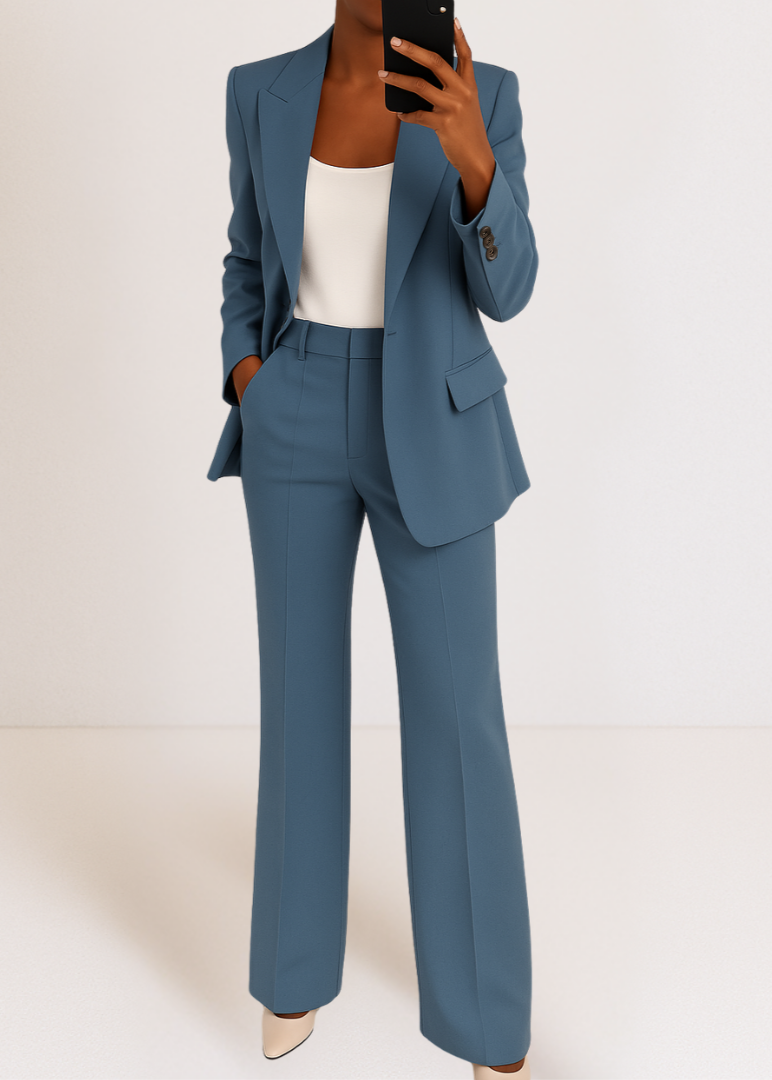 Person wearing a blue suit with a white top on a plain background