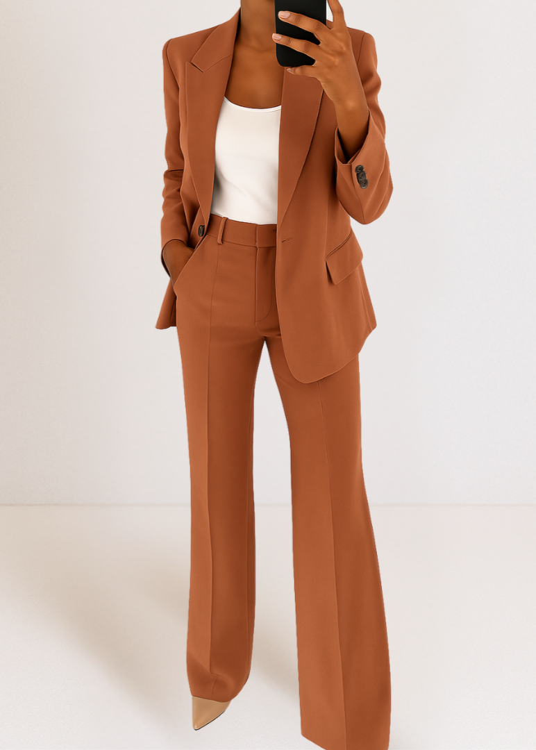 Brown suit with white top on a plain background